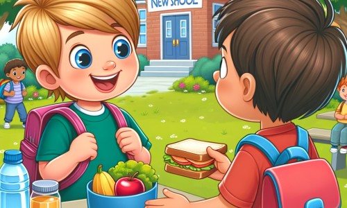 Une illustration destinée aux enfants représentant un petit garçon enthousiaste et curieux, se trouvant dans une nouvelle école entourée de verdure avec une salle de classe colorée, où il fait la rencontre d'un nouvel ami qui lui offre un sandwich pour le déjeuner.