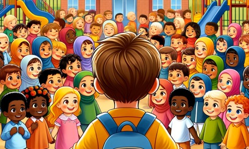 Une illustration destinée aux enfants représentant un petit garçon curieux et joyeux, qui fait face à une nouvelle école remplie d'enfants de différentes cultures et origines, dans une cour de récréation colorée et animée.
