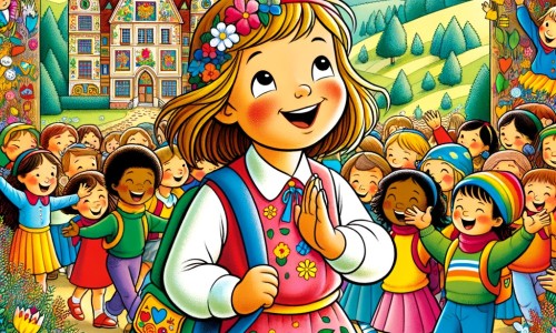 Une illustration pour enfants représentant une petite fille qui arrive dans une nouvelle école et doit faire face à la situation difficile d'être différente, dans une ville inconnue.