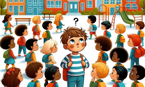 Une illustration destinée aux enfants représentant un petit garçon curieux, se sentant perdu dans une nouvelle école colorée remplie d'enfants aux cheveux bouclés, raides, à la peau claire ou foncée, jouant ensemble sur un grand terrain de jeux.