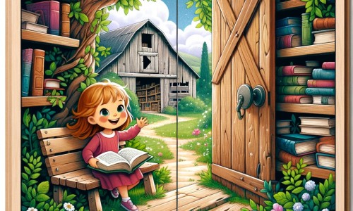 Une illustration pour enfants représentant une petite fille curieuse et joyeuse, se liant d'amitié avec une nouvelle arrivante solitaire, dans un village entouré de verdure.