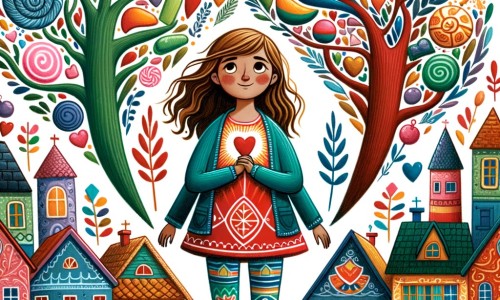 Une illustration destinée aux enfants représentant une petite fille au cœur ouvert, entourée de diverses cultures, qui fait face à l'intolérance avec l'aide d'une nouvelle amie, dans un quartier coloré avec des maisons aux toits en forme de bonbons et des arbres aux feuilles en forme de ballons.