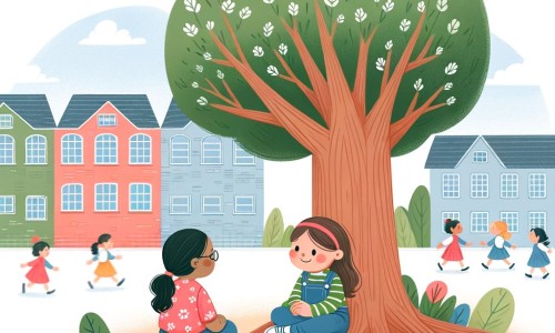 Une illustration destinée aux enfants représentant une petite fille solitaire, assise sous un grand arbre dans une cour d'école animée, où elle rencontre une autre petite fille souriante qui deviendra son amie.