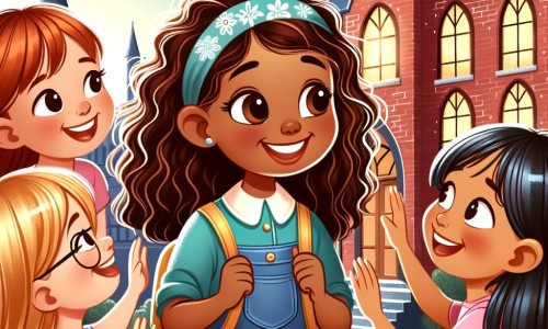 Une illustration pour enfants représentant une petite fille pleine d'énergie qui se fait de nouvelles amies dans une école enchantée.