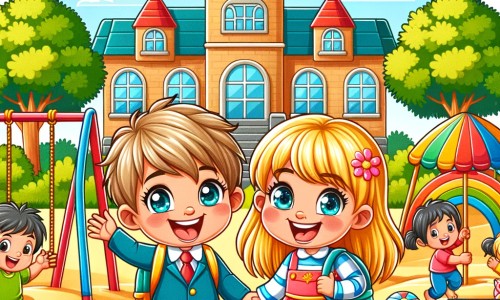 Une illustration pour enfants représentant un joyeux petit garçon découvrant l'amitié lors de son premier jour d'école, dans une cour de récréation animée et ensoleillée.