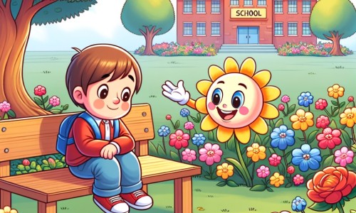 Une illustration destinée aux enfants représentant un petit garçon solitaire, assis sur un banc dans un jardin fleuri, qui rencontre un nouvel ami souriant et plein de vie, dans une école colorée et animée.