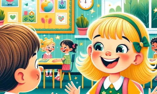 Une illustration destinée aux enfants représentant une petite fille rayonnante de bonheur, se liant d'amitié avec une nouvelle camarade, dans une école colorée et animée où les rires et les jeux résonnent joyeusement.