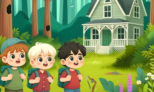 Une illustration destinée aux enfants représentant un petit garçon curieux et aventurier, accompagné de ses nouveaux amis, découvrant une mystérieuse maison abandonnée, cachée au cœur d'une forêt verdoyante.