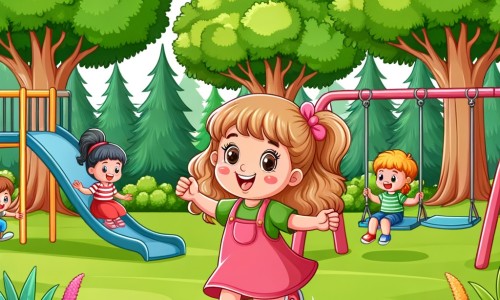 Une illustration destinée aux enfants représentant une petite fille joyeuse, entourée de ses amis, jouant dans un parc verdoyant avec des arbres majestueux, des balançoires colorées et un toboggan étincelant.