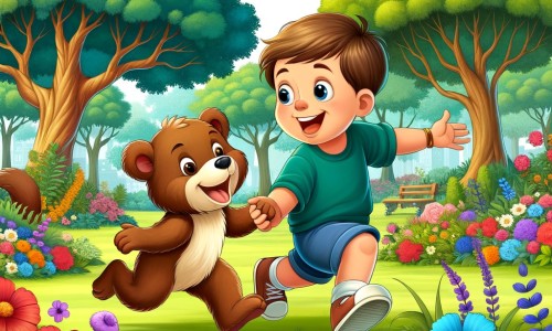 Une illustration destinée aux enfants représentant un petit garçon curieux et joyeux, accompagné d'un nouvel ami, jouant et explorant ensemble un parc verdoyant rempli de fleurs colorées et d'arbres majestueux.