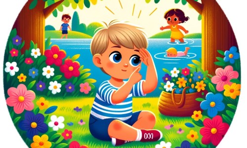 Une illustration destinée aux enfants représentant un petit garçon solitaire, jouant dans un parc verdoyant parsemé de fleurs colorées, découvrant de nouveaux amis et apprenant l'importance de l'amitié.