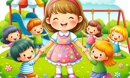 Une illustration destinée aux enfants représentant une petite fille joyeuse, entourée de ses amis, dans un parc coloré avec des balançoires, des toboggans et de l'herbe verte, symbolisant une belle amitié naissante.