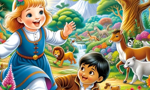 Une illustration destinée aux enfants représentant une petite fille joyeuse et curieuse, accompagnée d'un nouvel ami, explorant un parc enchanté rempli de fleurs colorées, d'arbres majestueux et d'animaux joueurs.