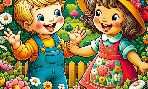 Une illustration destinée aux enfants représentant une petite fille pleine de joie, accompagnée d'un adorable voisin, dans un jardin fleuri et coloré, symbole de leur amitié naissante et de leurs aventures ensemble.