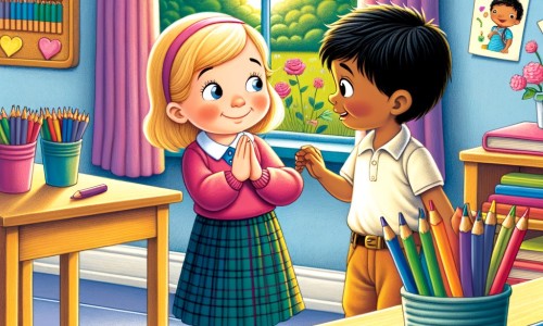Une illustration destinée aux enfants représentant une petite fille timide et curieuse, se faisant une nouvelle amie lors de sa première journée d'école, dans une classe colorée remplie de crayons, livres et dessins accrochés aux murs, avec une fenêtre donnant sur un jardin verdoyant et ensoleillé.