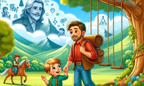 Une illustration destinée aux enfants représentant un petit garçon, accompagné d'un nouveau camarade, découvrant un monde d'aventures et d'amitié dans un parc verdoyant avec des balançoires, des arbres majestueux et un ciel bleu éclatant.