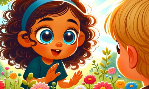 Une illustration destinée aux enfants représentant une petite fille aux grands yeux curieux et aux cheveux bouclés, découvrant un nouvel ami dans un parc ensoleillé rempli de fleurs multicolores.