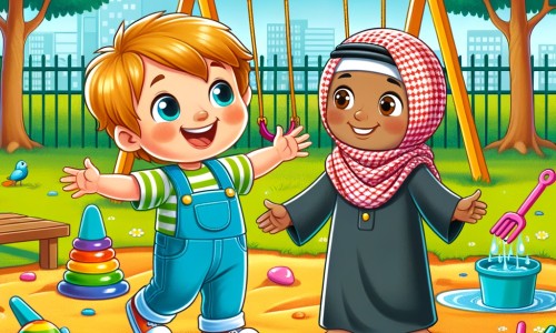 Une illustration destinée aux enfants représentant un petit garçon joyeux et curieux, accompagné d'une nouvelle amie, dans un parc verdoyant avec des balançoires, des flaques d'eau et un château de sable coloré.