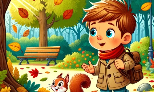 Une illustration destinée aux enfants représentant un petit garçon émerveillé par l'automne, accompagné d'un écureuil malicieux, découvrant une clairière secrète au milieu d'un parc parsemé de feuilles colorées.