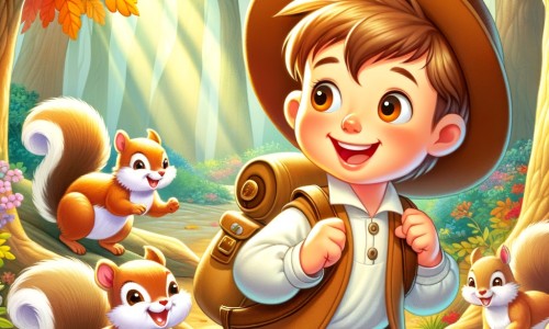 Une illustration destinée aux enfants représentant un petit garçon joyeux qui part à l'aventure dans un bois enchanté aux couleurs chatoyantes de l'automne, accompagné de curieux écureuils.