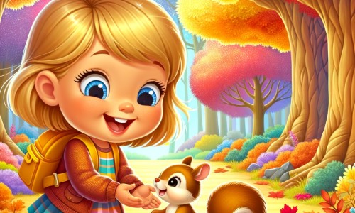 Une illustration destinée aux enfants représentant une petite fille enthousiaste, entourée de feuilles d'automne colorées, découvrant un adorable bébé écureuil dans un parc boisé aux arbres majestueux aux couleurs chatoyantes.