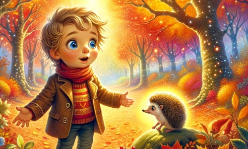 Une illustration destinée aux enfants représentant un petit garçon, émerveillé par les couleurs chatoyantes de l'automne, découvrant un hérisson en détresse dans un parc enchanté aux arbres flamboyants et aux feuilles dansant dans le vent.