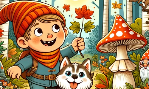 Une illustration destinée aux enfants représentant un petit garçon joyeux, accompagné de son chien fidèle, découvrant les merveilles de l'automne dans une forêt enchantée, où il rencontre des animaux et un lutin des champignons.