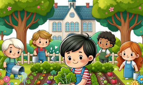 Une illustration destinée aux enfants représentant un petit garçon curieux qui s'inquiète du changement climatique, accompagné de ses amis, plantant un magnifique jardin de légumes biologiques dans une école entourée d'arbres verdoyants et de fleurs multicolores.