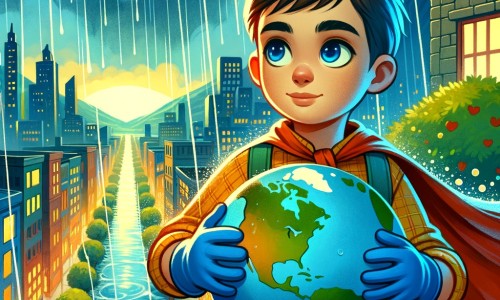 Une illustration pour enfants représentant un petit garçon vivant une aventure extraordinaire pour sauver la planète dans une ville pluvieuse.