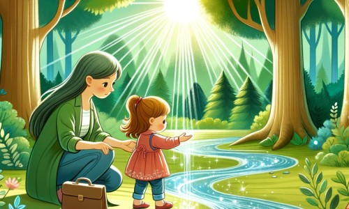 Une illustration pour enfants représentant une petite fille curieuse qui découvre un ruisseau asséché dans la forêt enchantée où elle aime jouer.