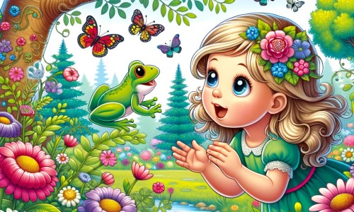 Une illustration pour enfants représentant une petite fille curieuse qui découvre une grenouille dans son jardin et se mobilise pour protéger leur habitat, dans un cadre verdoyant et paisible.