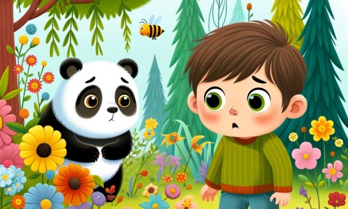 Une illustration destinée aux enfants représentant un petit garçon curieux, accompagné d'un adorable panda, explorant une forêt luxuriante et colorée, où les fleurs fanent et les abeilles se font rares en raison du changement climatique.