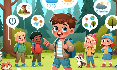 Une illustration destinée aux enfants représentant un petit garçon curieux et enthousiaste, accompagné de ses amis, explorant une forêt luxuriante et colorée, où ils découvrent les effets du changement climatique.