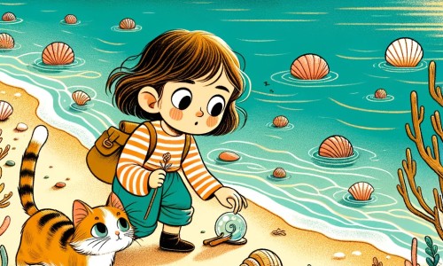 Une illustration destinée aux enfants représentant une petite fille curieuse et débrouillarde, accompagnée de son chat Mistigri, découvrant des coquillages fragiles sur une plage bordée d'eau turquoise et de sable doré, alors qu'elle cherche à comprendre les effets du changement climatique.
