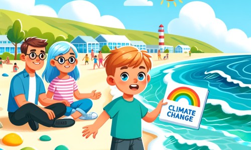 Une illustration pour enfants représentant un petit garçon découvrant la plage, troublé par la différence de paysage et apprenant que le changement climatique affecte l'environnement, à la plage.