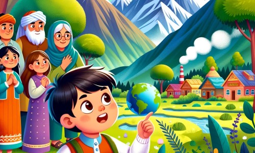 Une illustration destinée aux enfants représentant un petit garçon curieux et énergique, découvrant les effets du changement climatique avec l'aide de sa famille, dans un village verdoyant entouré de montagnes majestueuses et d'arbres colorés.