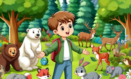 Une illustration pour enfants représentant un petit garçon passionné de nature et d'environnement, qui découvre les effets du changement climatique dans les montagnes près de chez lui.