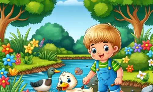 Une illustration destinée aux enfants représentant un petit garçon curieux et plein de vie, accompagné d'un canard joyeux, explorant une mare aux eaux boueuses et polluées, entourée de magnifiques arbres verts et de fleurs colorées.