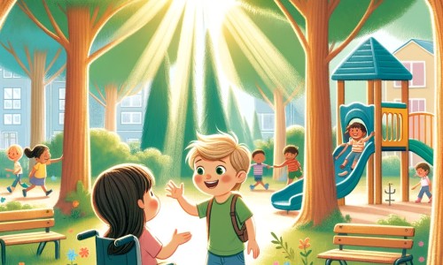 Une illustration destinée aux enfants représentant un petit garçon plein d'énergie et de curiosité, qui rencontre un nouvel ami ayant un handicap, dans un parc verdoyant avec des arbres majestueux et un terrain de jeu coloré.