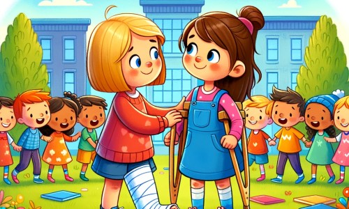 Une illustration destinée aux enfants représentant une petite fille pleine de courage, avec une jambe en attelle, qui se fait une nouvelle amie lors de sa première journée d'école dans une cour de récréation colorée entourée de joyeux enfants.