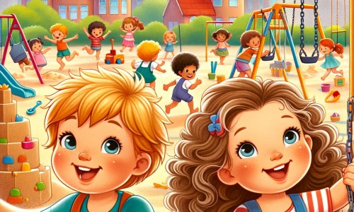 Une illustration pour enfants représentant un petit garçon joyeux, faisant face à un nouveau défi dans une école maternelle, entouré d'amis bienveillants.