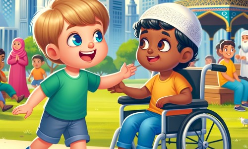 Une illustration pour enfants représentant un petit garçon plein de vie qui découvre l'importance de l'amitié et de l'entraide lorsqu'il rencontre un autre enfant dans un fauteuil roulant, dans un parc animé.
