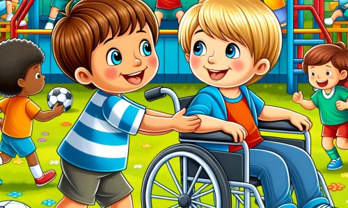 Une illustration destinée aux enfants représentant un petit garçon plein de vie, découvrant l'amitié avec un garçon en fauteuil roulant, dans une cour de récréation colorée avec des enfants qui jouent joyeusement au football.