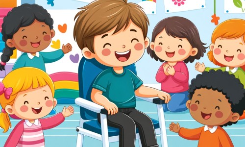 Une illustration destinée aux enfants représentant un petit garçon plein de joie, assis sur une chaise spéciale, entouré de ses amis bienveillants, dans une classe lumineuse et colorée remplie de jouets et de dessins accrochés aux murs.
