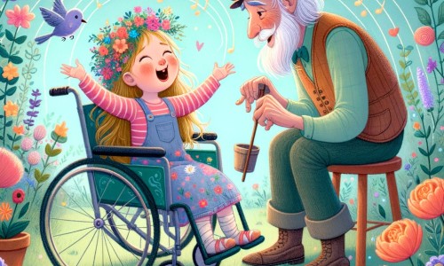 Une illustration destinée aux enfants représentant une petite fille pleine de vie, affrontant son handicap avec courage, accompagnée de son grand-père bienveillant, dans un jardin enchanté rempli de fleurs colorées et d'oiseaux chantants.