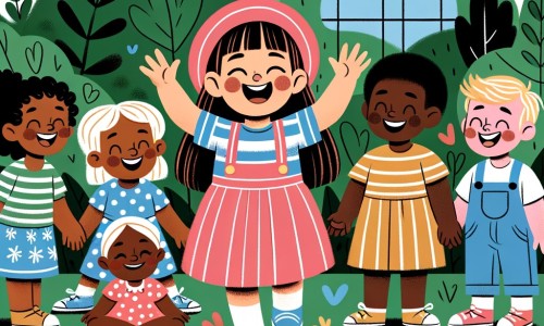 Une illustration destinée aux enfants représentant une petite fille pleine de joie, entourée d'amis et d'une nature luxuriante, dans une école inclusive où la diversité et l'amitié règnent, malgré les différences physiques et les défis rencontrés.