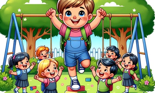 Une illustration destinée aux enfants représentant un petit garçon avec un sourire radieux, qui surmonte les obstacles avec l'aide de ses amis, dans une école colorée entourée d'arbres et de balançoires.