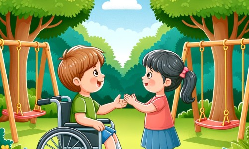 Une illustration destinée aux enfants représentant un petit garçon plein de courage, assis dans un fauteuil roulant, rencontrant un autre enfant dans un parc verdoyant, entouré de balançoires et d'arbres majestueux.