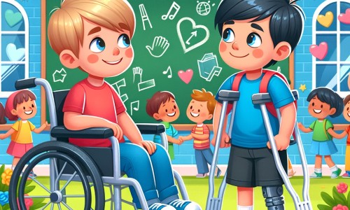 Une illustration destinée aux enfants représentant un petit garçon en fauteuil roulant, accompagné d'un garçon aux béquilles, qui se rencontrent dans une école colorée et animée où ils découvrent l'inclusion et l'importance de l'entraide.