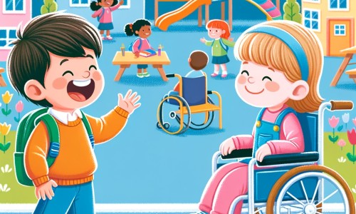 Une illustration destinée aux enfants représentant un petit garçon enthousiaste qui découvre une école colorée et lumineuse, où il fait la rencontre d'une petite fille en fauteuil roulant, dans une cour de récréation remplie de jeux inclusifs et joyeux.